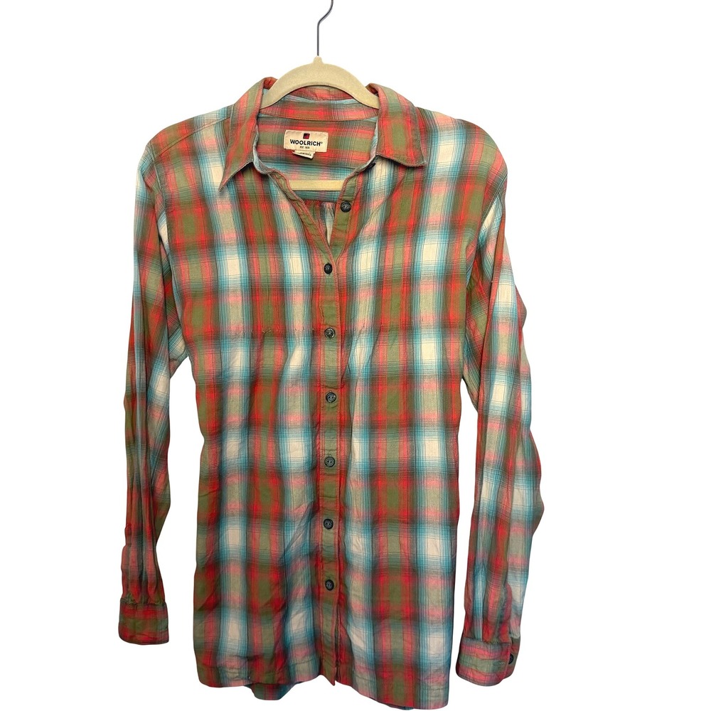 Women's WOOLRICH Plaid Button Down Long Sleeve Top 100% Cotton Blouse SZ L